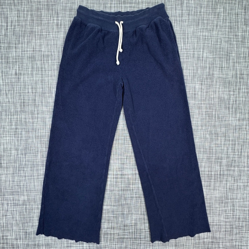 Aerie Womens Wide Leg Fleece Lounge Pants Small Navy Blue Drawstring Raw Hem